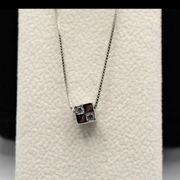 Cz Sterling Silver 925 Cube Pendant Necklace - Picture 9 of 11